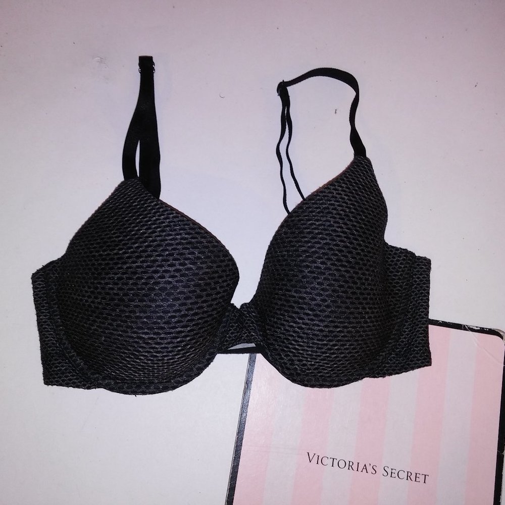 Victoria Secret Bra 32D Uplift Semi Demi Black Gray Mesh Overlay Underwire